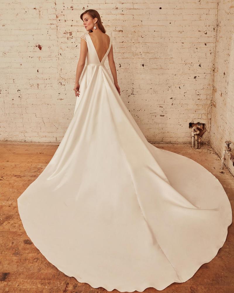 La21229 a line satin wedding dress with sleeves and pockets2